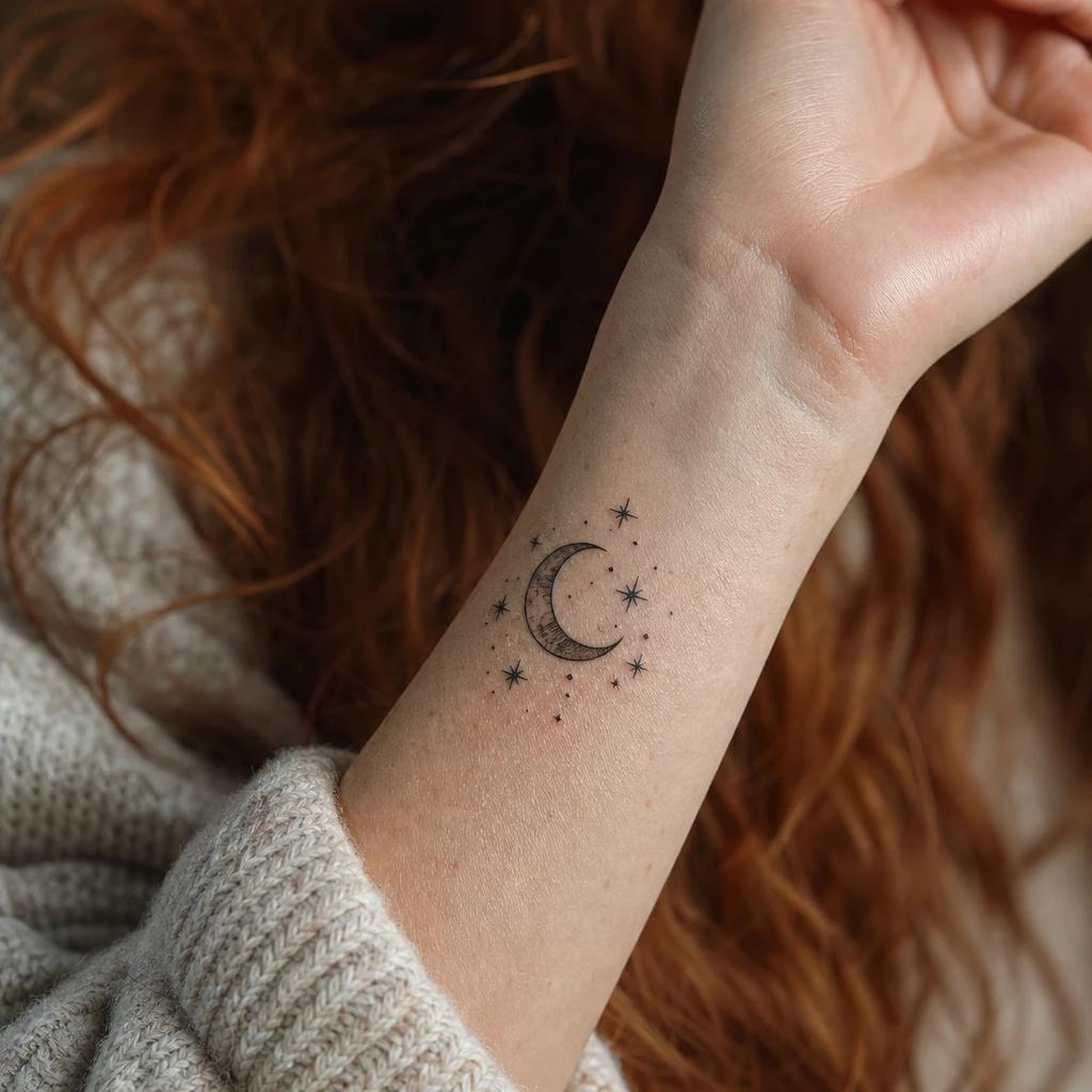 idée tatouage poignet femme lune et étoiles, photo réaliste sur peau