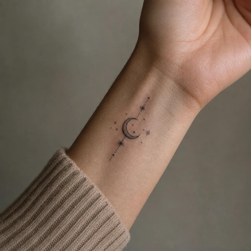 idée tatouage poignet femme lune et étoiles, photo réaliste sur peau