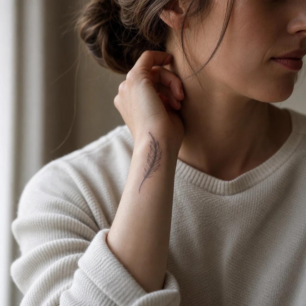 idée tatouage poignet femme plume délicate, photo réaliste sur peau