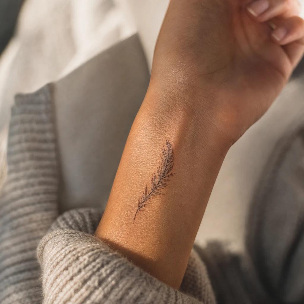 idée tatouage poignet femme plume délicate, photo réaliste sur peau