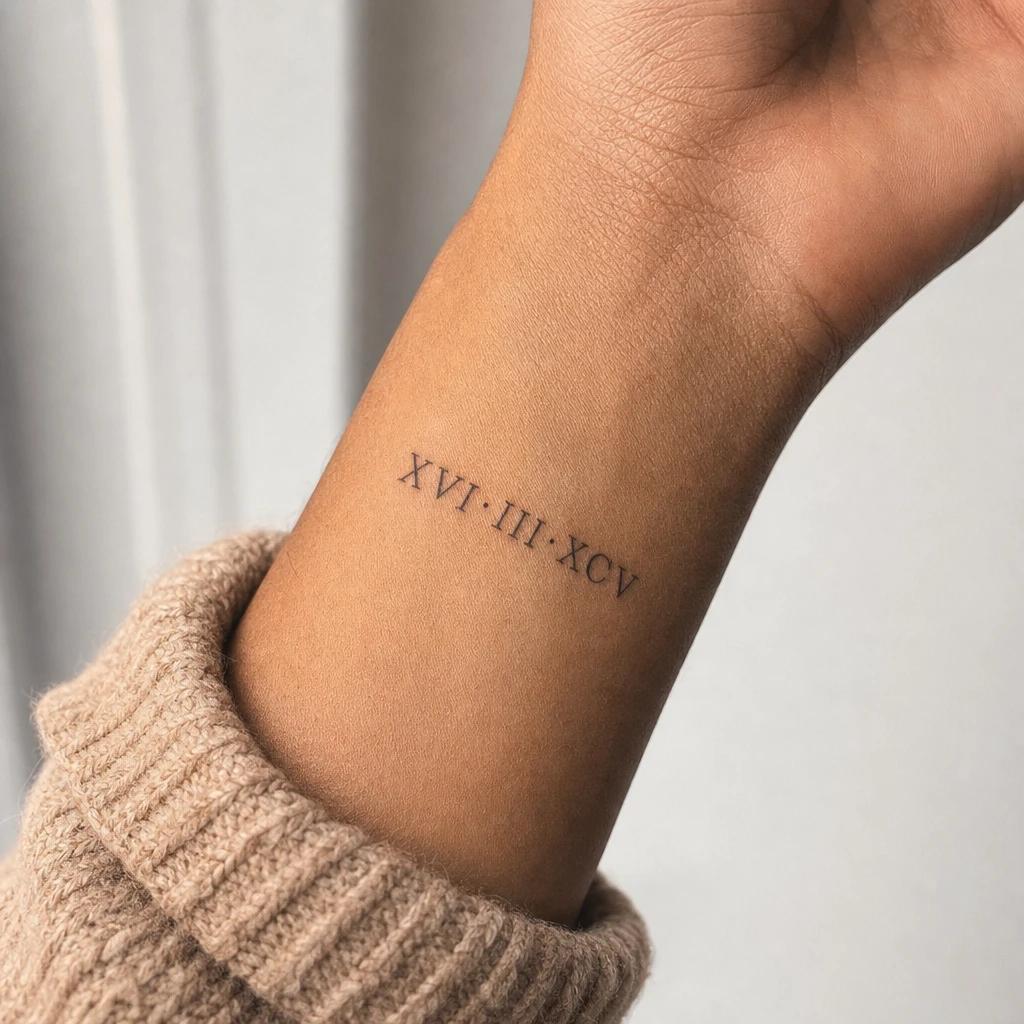idée tatouage poignet femme date chiffres romains, photo réaliste sur peau