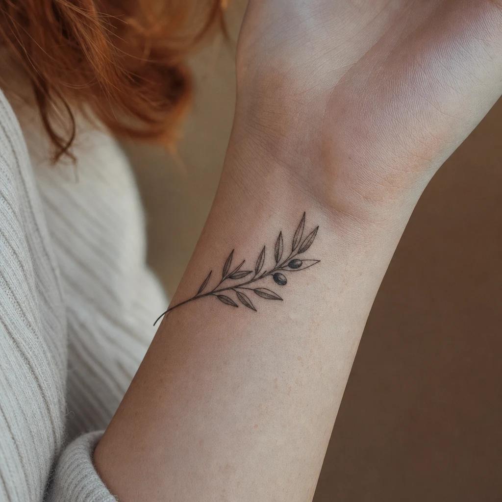 idée tatouage poignet femme branche d'olivier, photo réaliste sur peau
