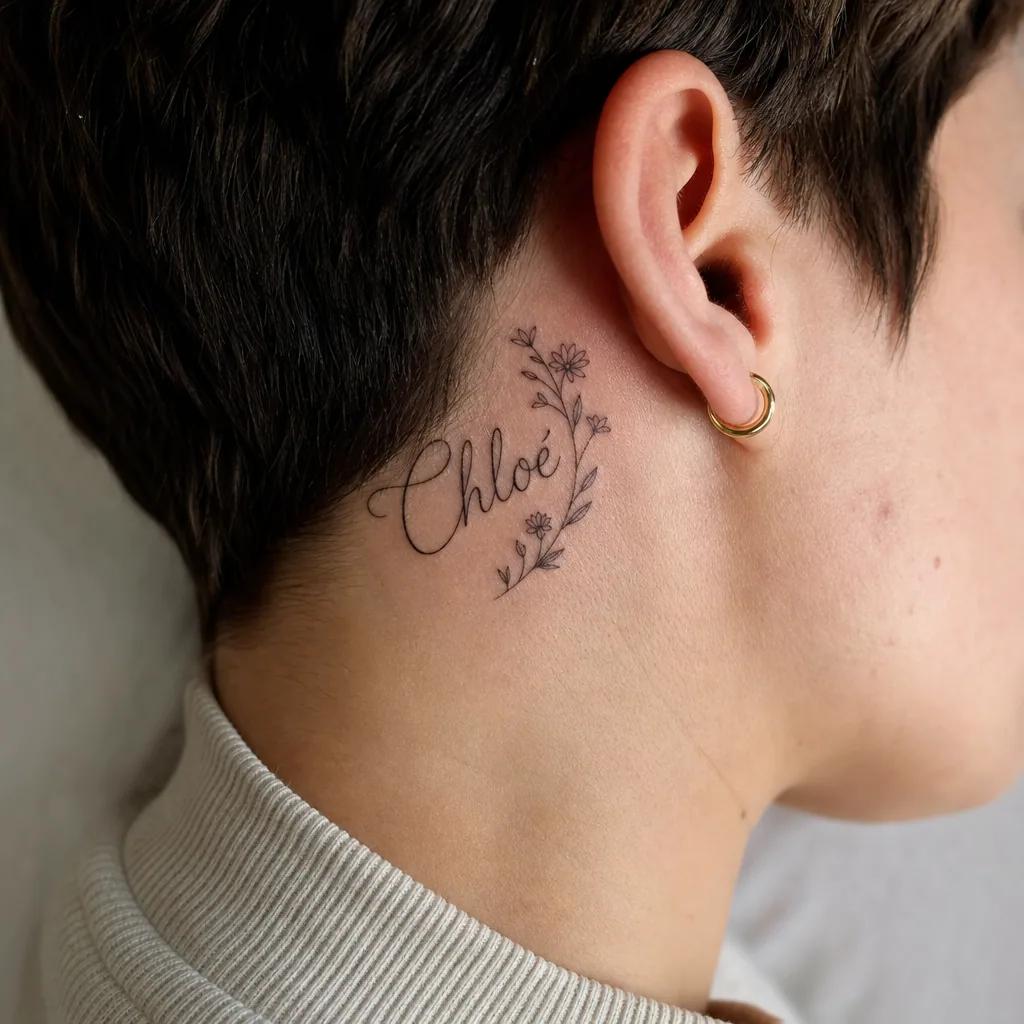 idée tatouage prénom prénom floral féminin, photo réaliste sur peau