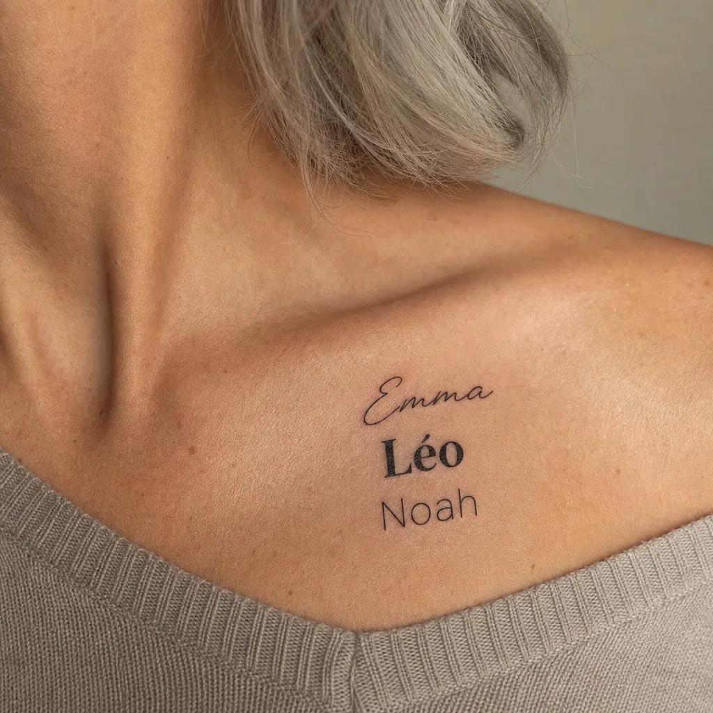 idée tatouage prénom patchwork prénoms flash, photo réaliste sur peau