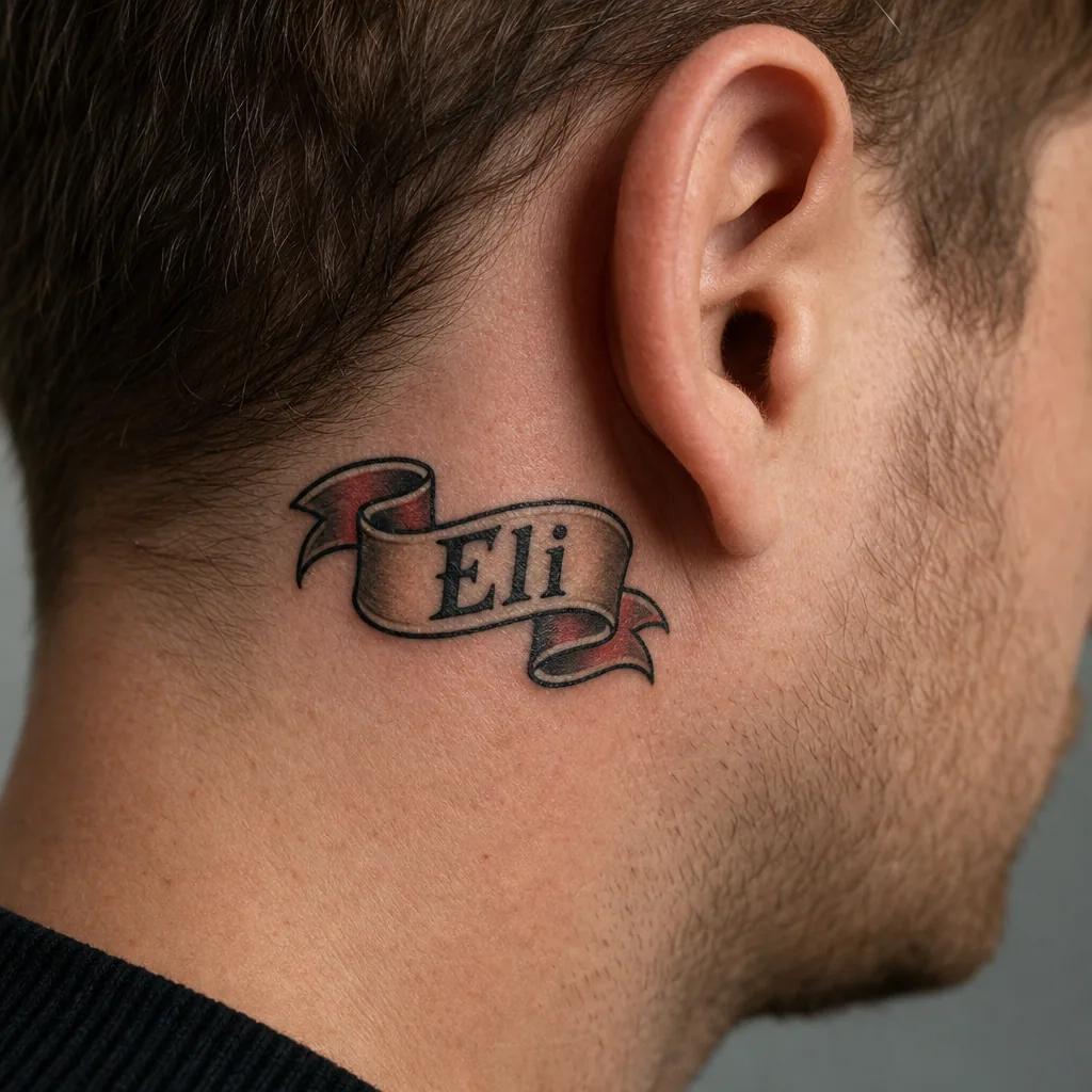 idée tatouage prénom prénom old school banner, photo réaliste sur peau