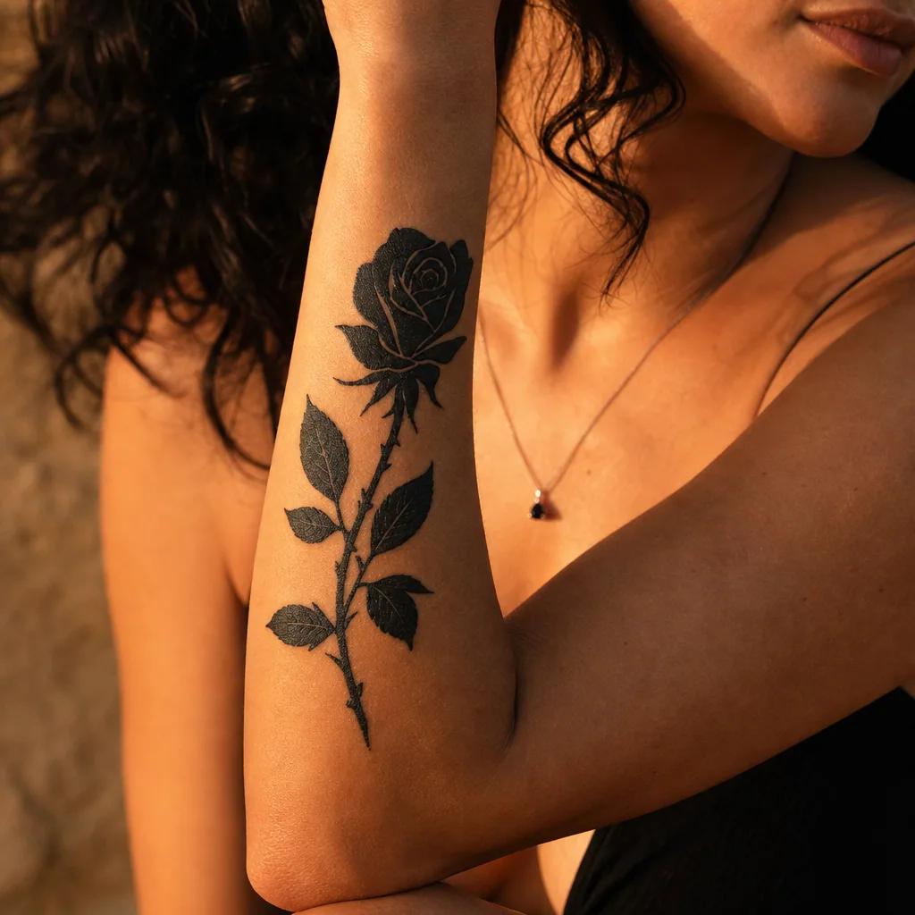 Tatouage rose blackwork créé en ligne et visualisé sur l'avant-bras d'une femme