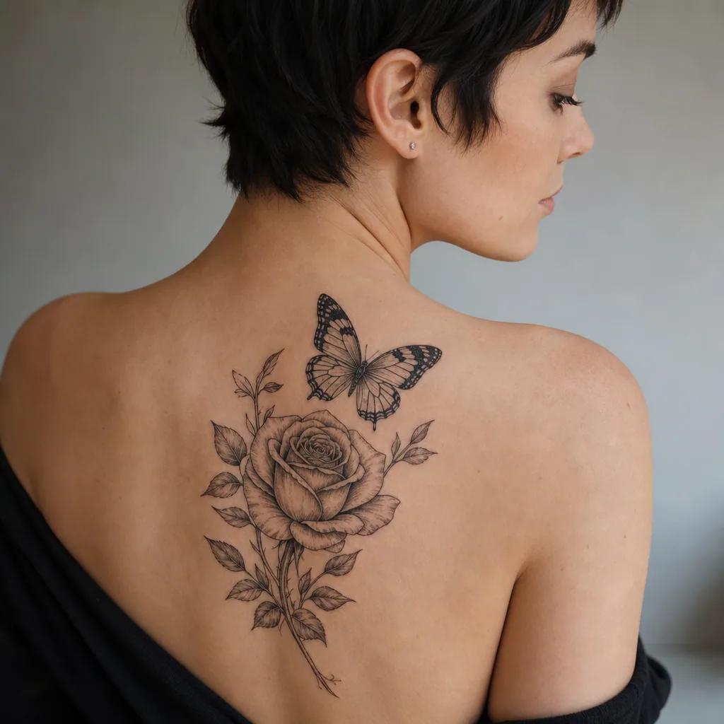 idée tatouage rose rose and butterfly, photo réaliste sur peau