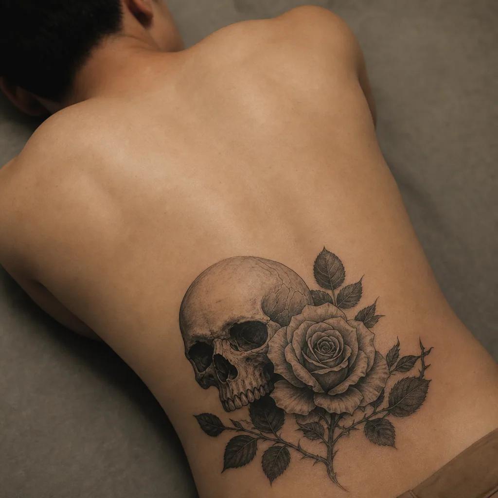 idée tatouage rose skull and rose, photo réaliste sur peau