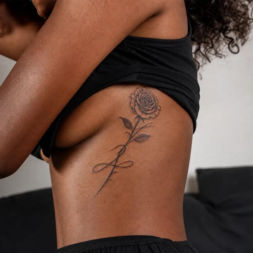 idée tatouage rose rose with lettering, photo réaliste sur peau