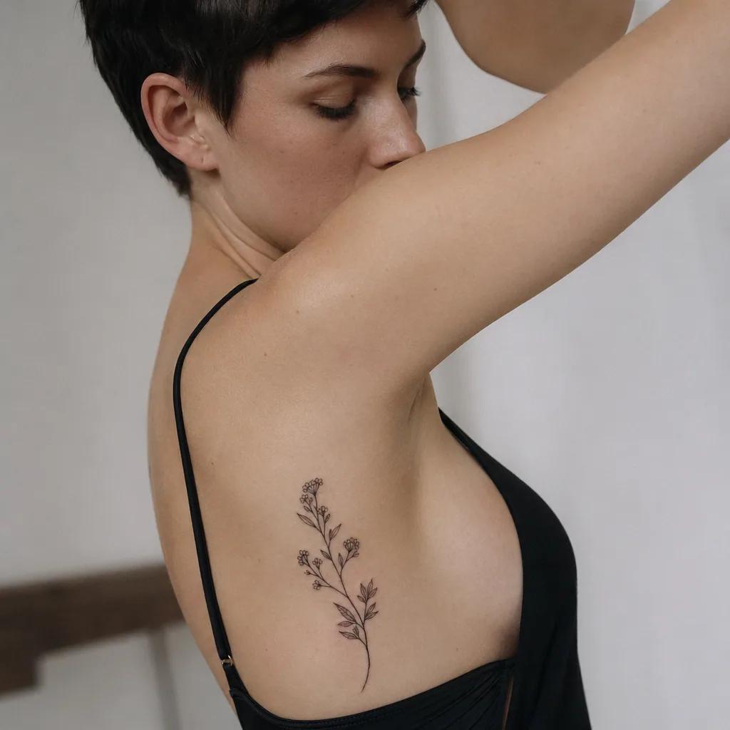 idée tatouage simple branche florale épurée, photo réaliste sur peau
