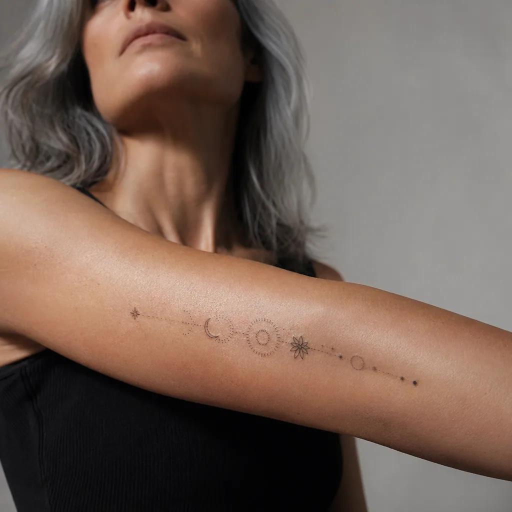 idée tatouage simple patchwork micro-symboles, photo réaliste sur peau