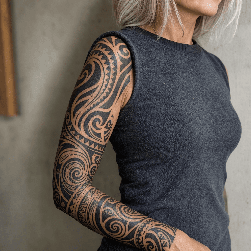 idée tatouage tribal tribal sleeve composition, photo réaliste sur peau